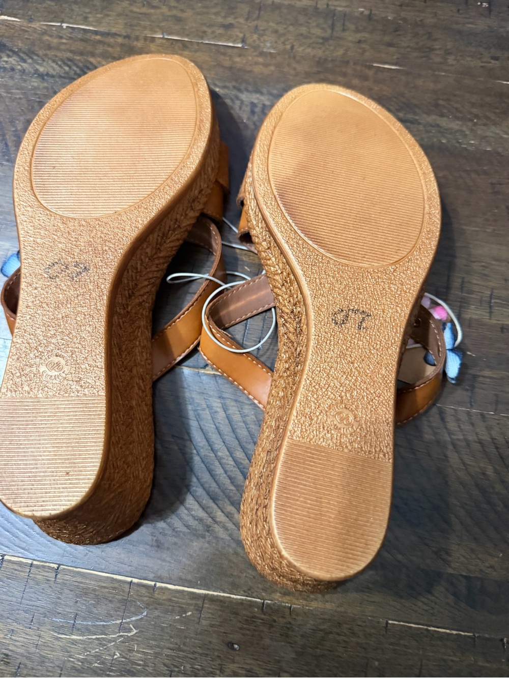 Maricelli Tan Leather Slide Sandals with Multicolor Floral Trim - Picture 4 of 4